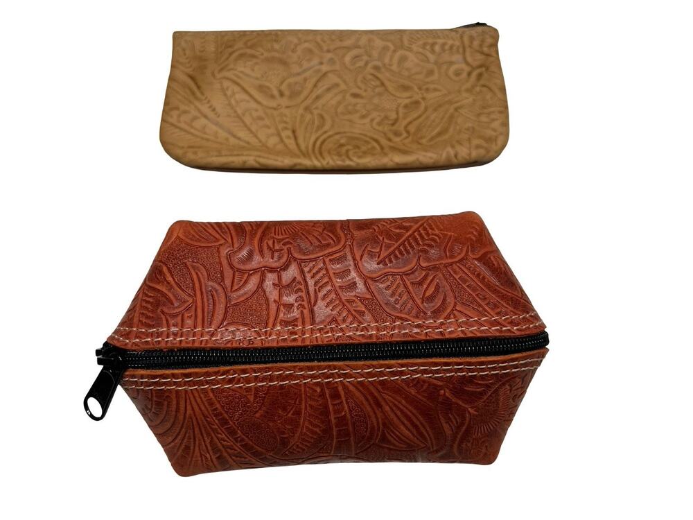 Holy Cow Couture Lot of 2 Leather Tooled Accessories Cosmetic Organizer Pouches